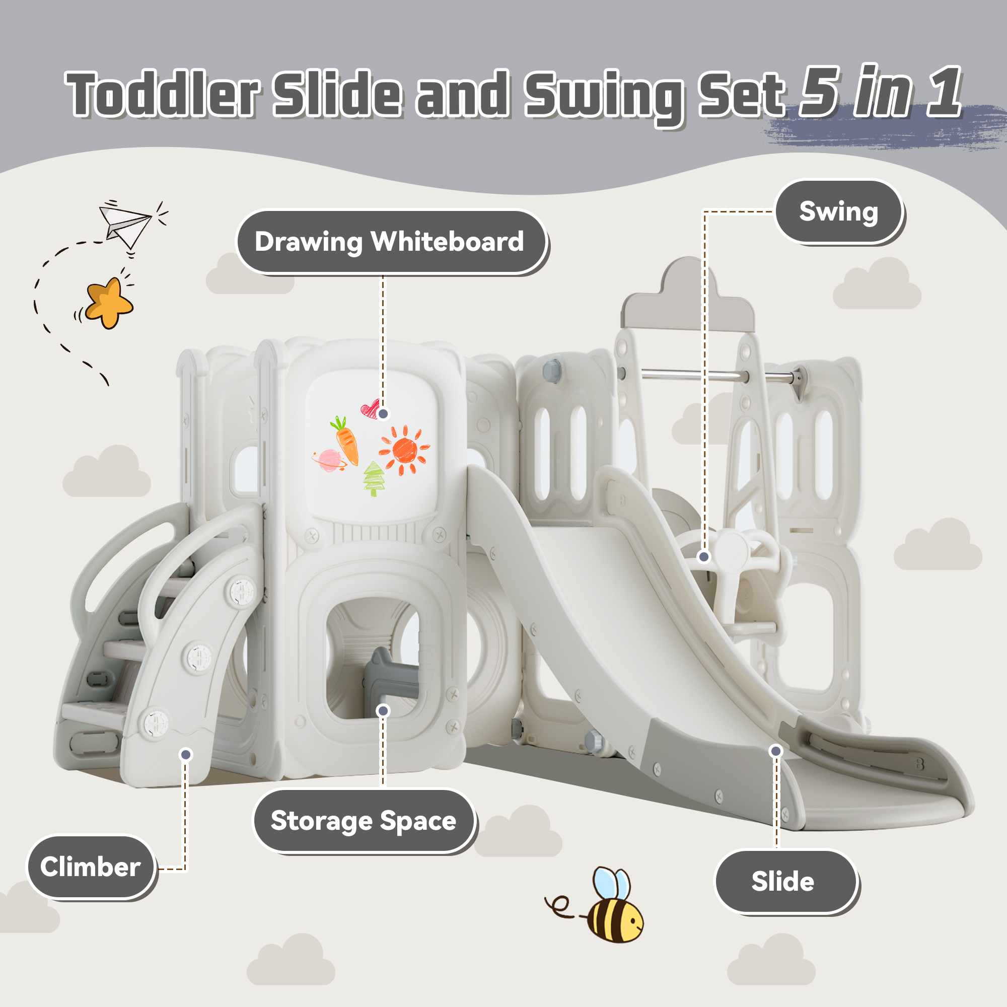 5 in 1 Toddler Slide and Swing Set, Kids Playground Climber Slide Playset with Drawing Whiteboard, Freestanding Combination for Babies